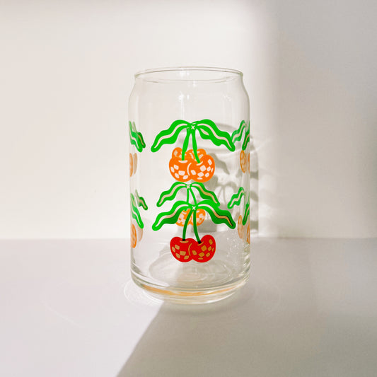 Can-shaped glass with disco cherry design and retro pattern