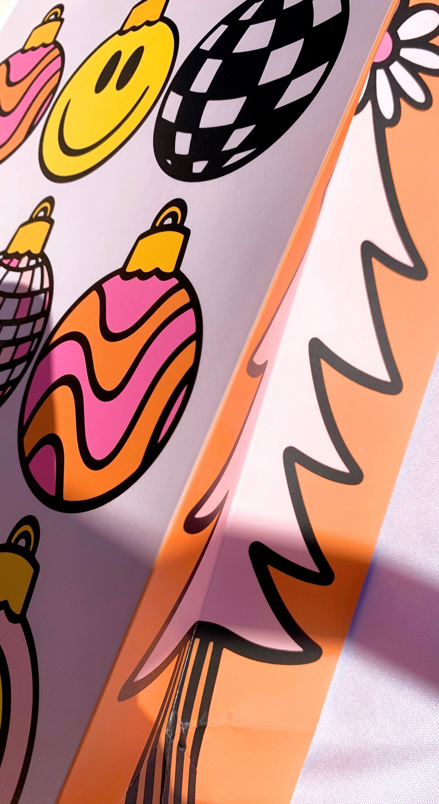 Detail of groovy ornament gift bag showing vintage holiday style