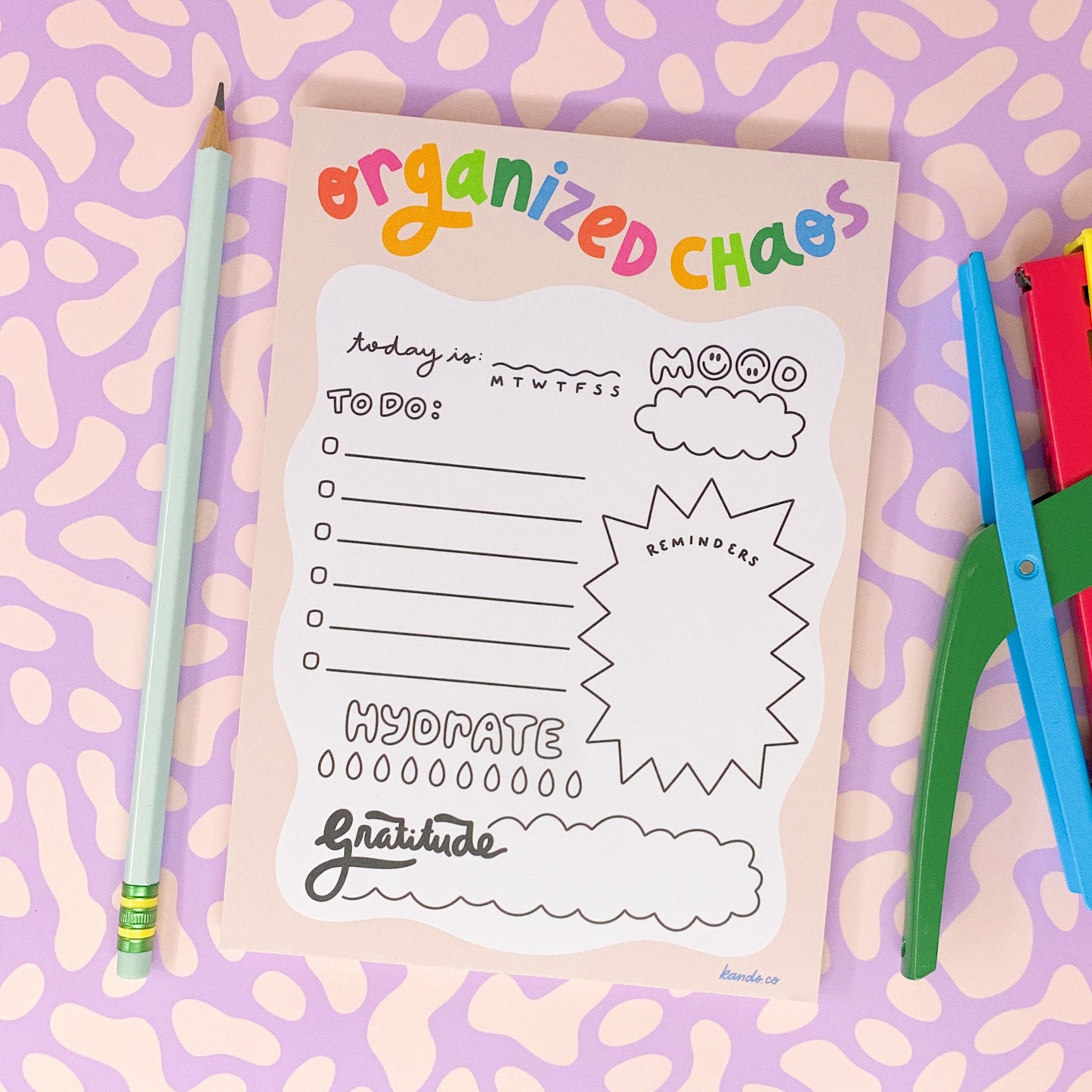 Close-up of Organized Chaos notepad highlighting design details
