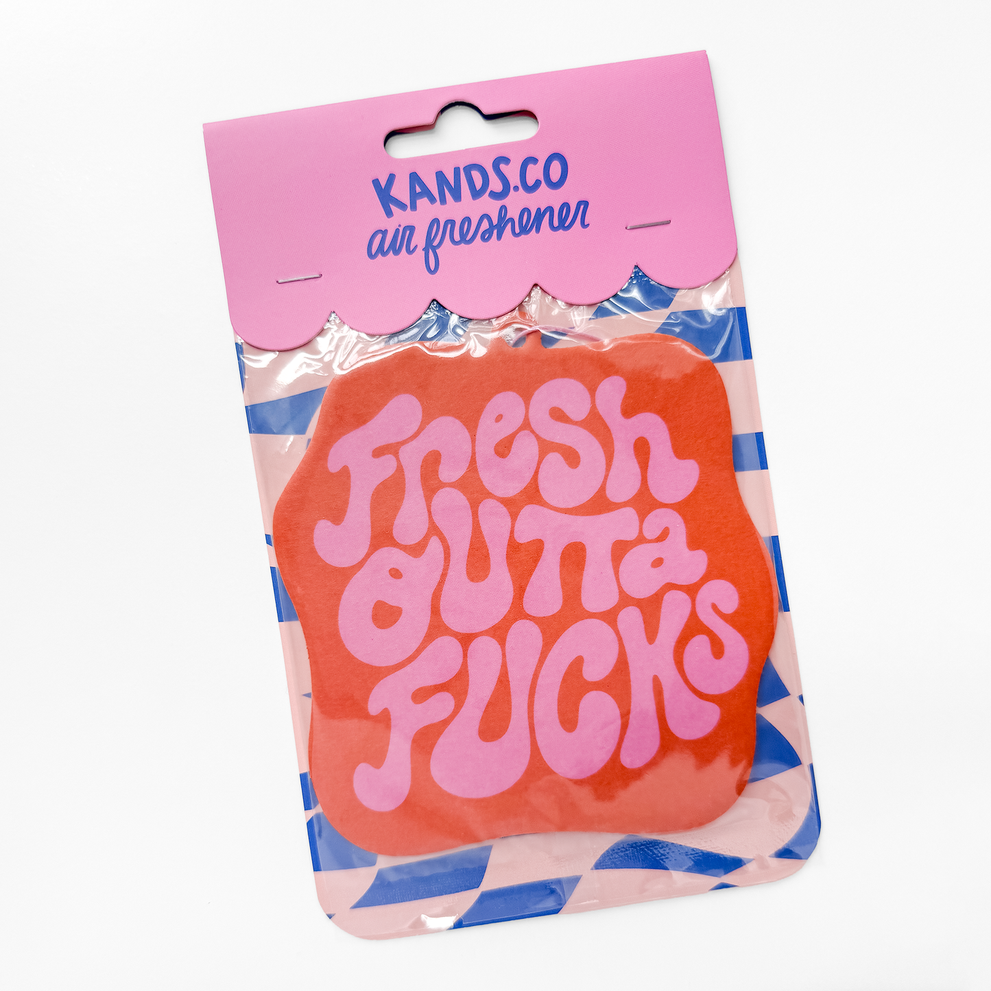 Packaged Fresh Outta Fucks air freshener in clear packaging