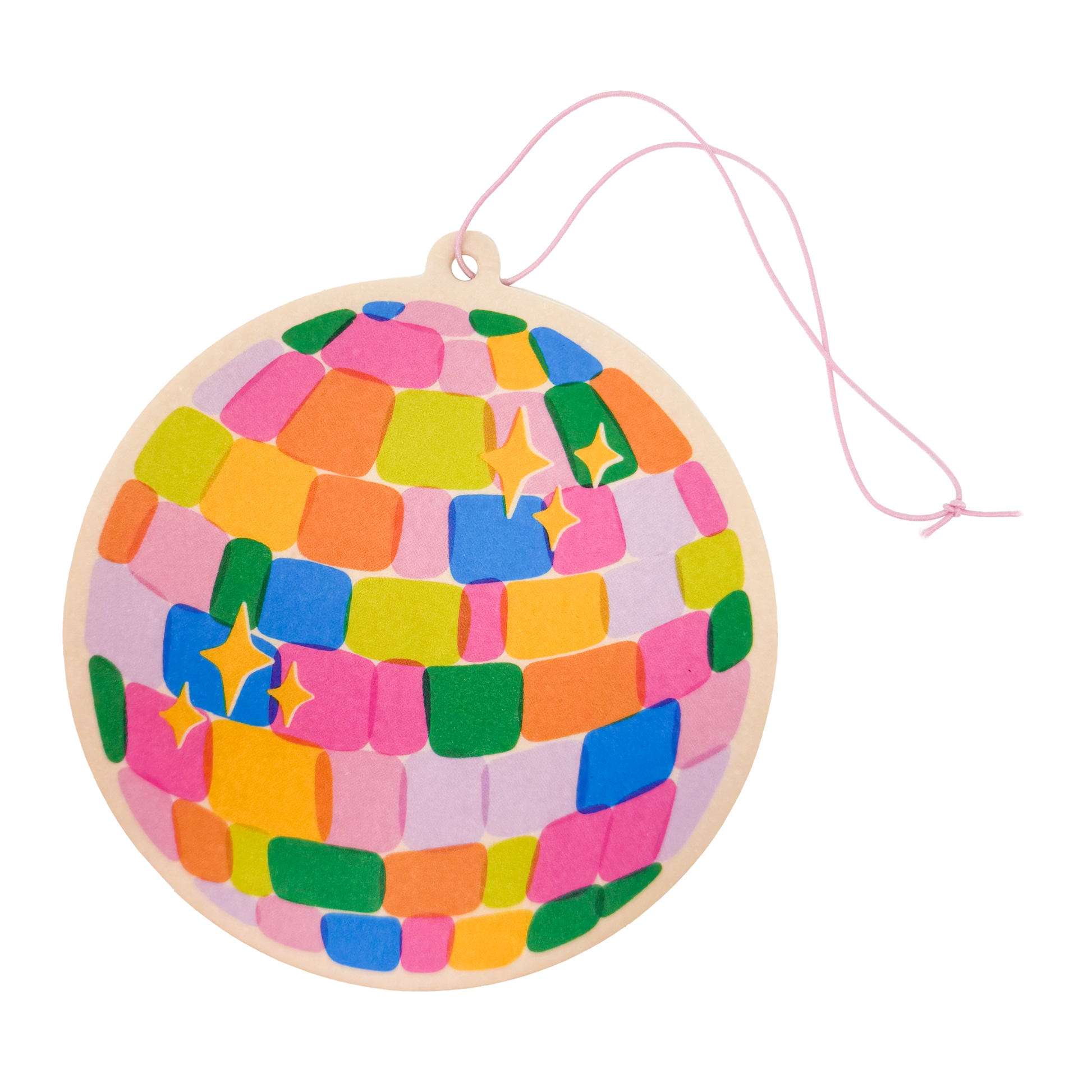 Retro disco ball air freshener with rainbow sparkle design
