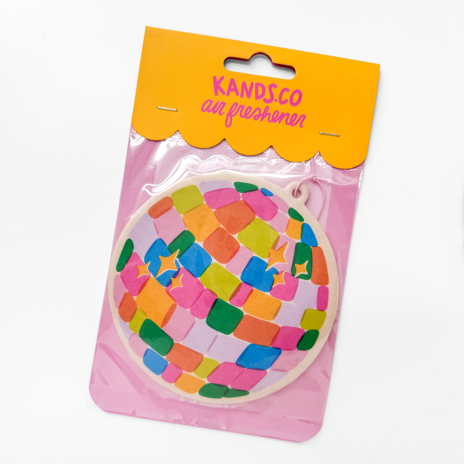 Packaged rainbow disco ball air freshener in clear packaging