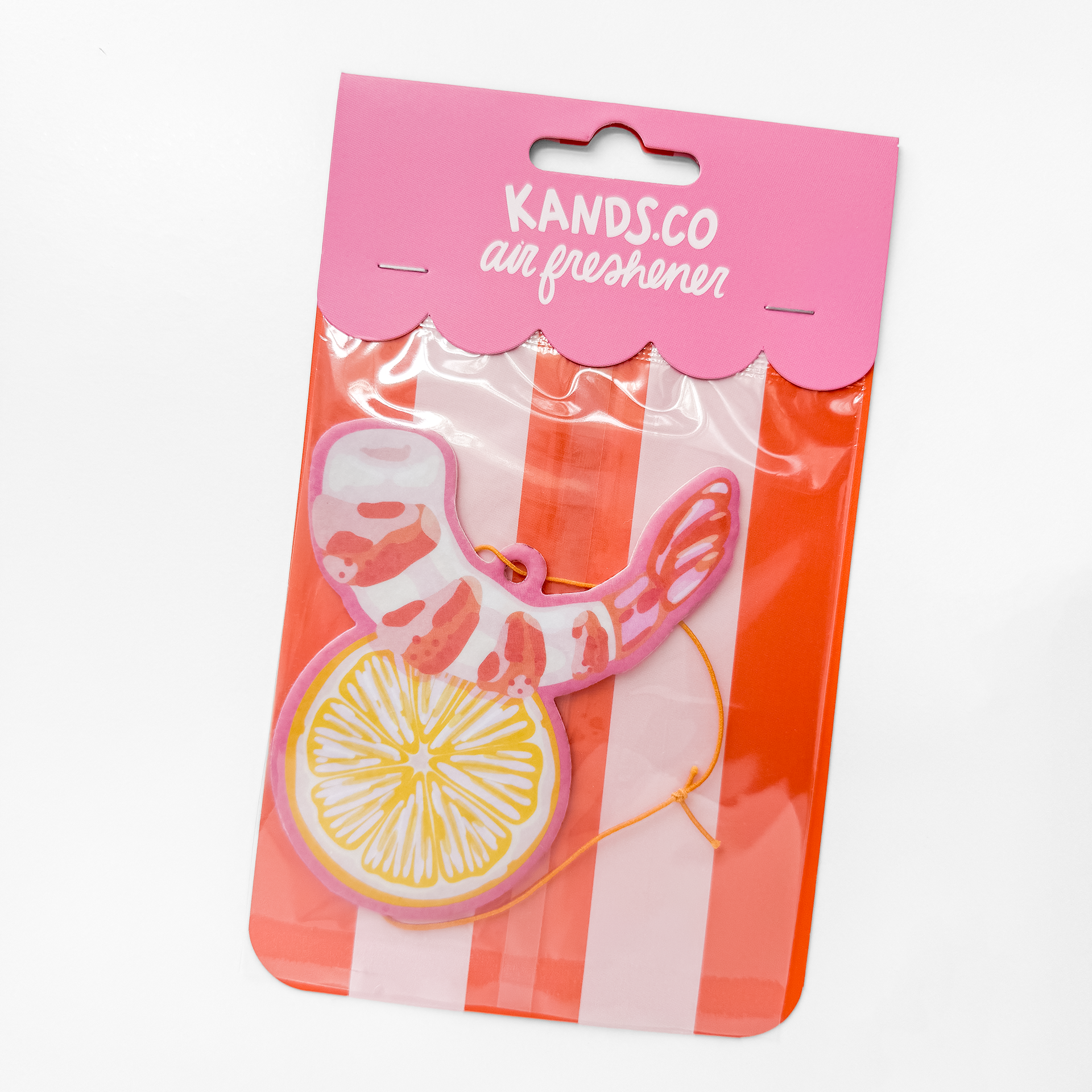 Packaged shrimp cocktail air freshener showing ocean theme