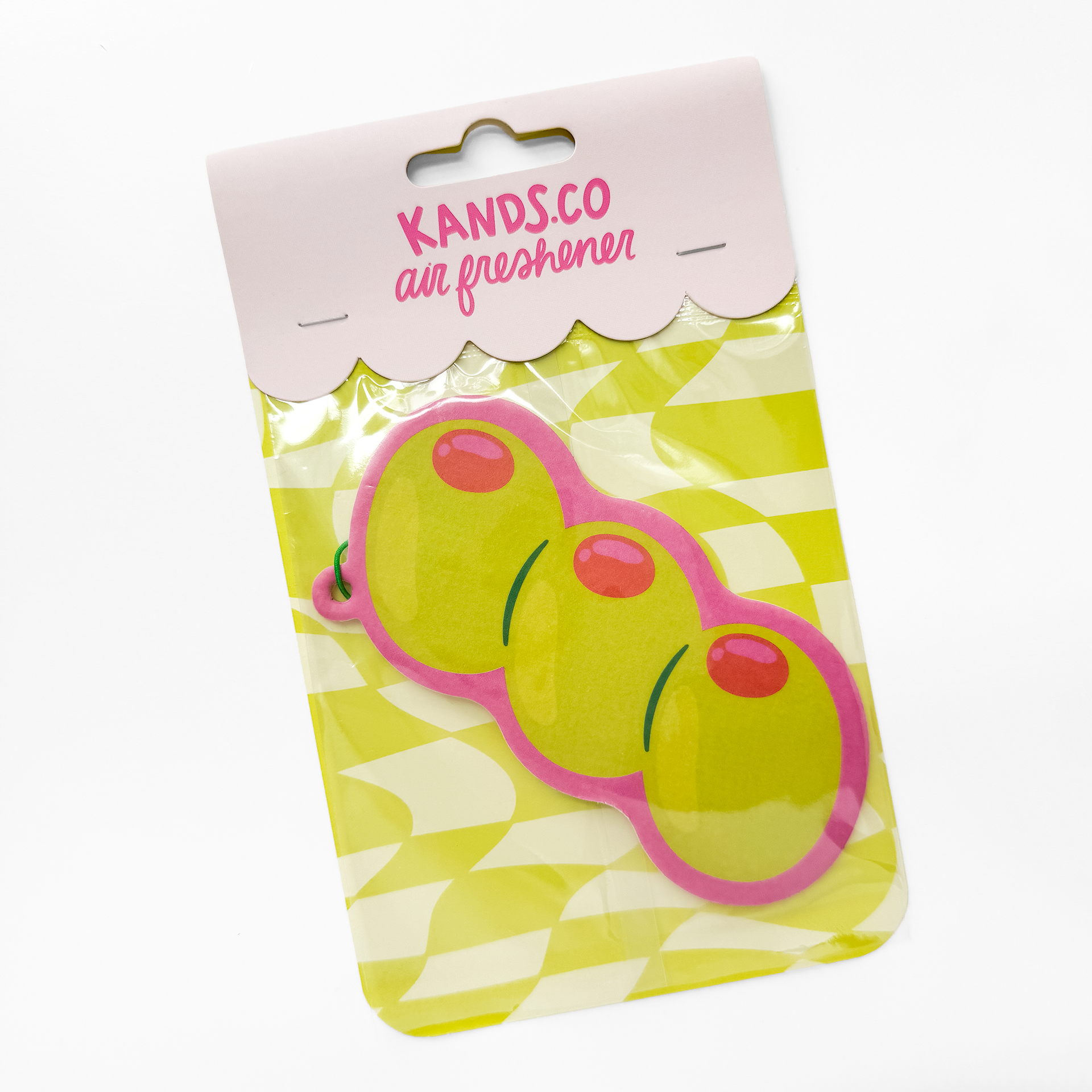 Packaged olive garnish air freshener with bar theme