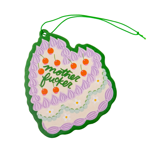 Bold vintage cake air freshener with 'Mother Fucker' expletive text