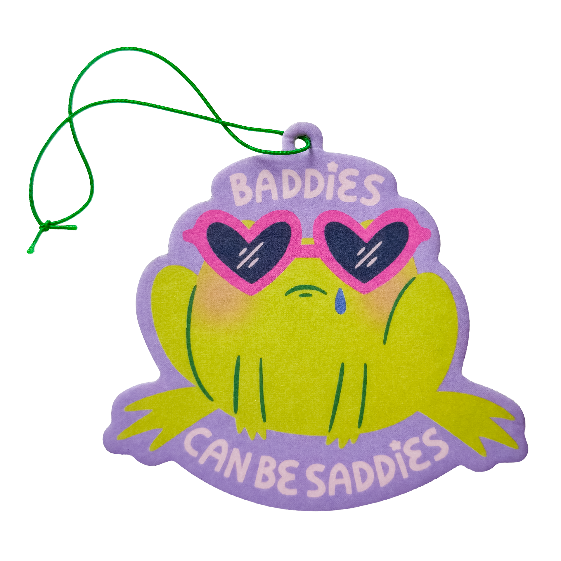 Frog shaped air freshener with 'Baddies Can Be Saddies' text and cute sad expression
