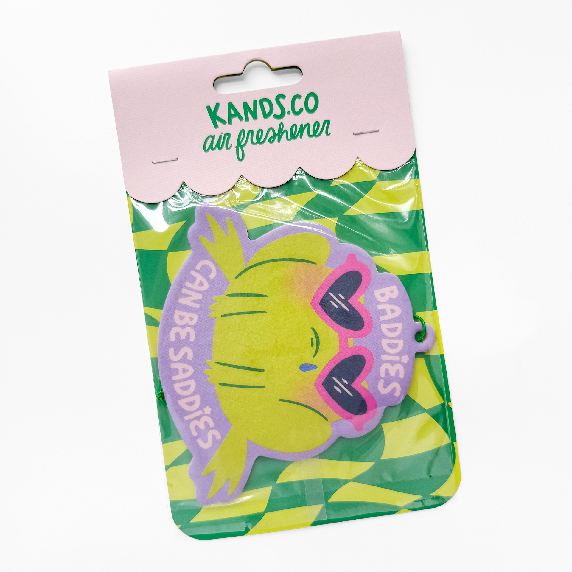 Packaged Baddies Can Be Saddies frog air freshener showing product in clear packaging