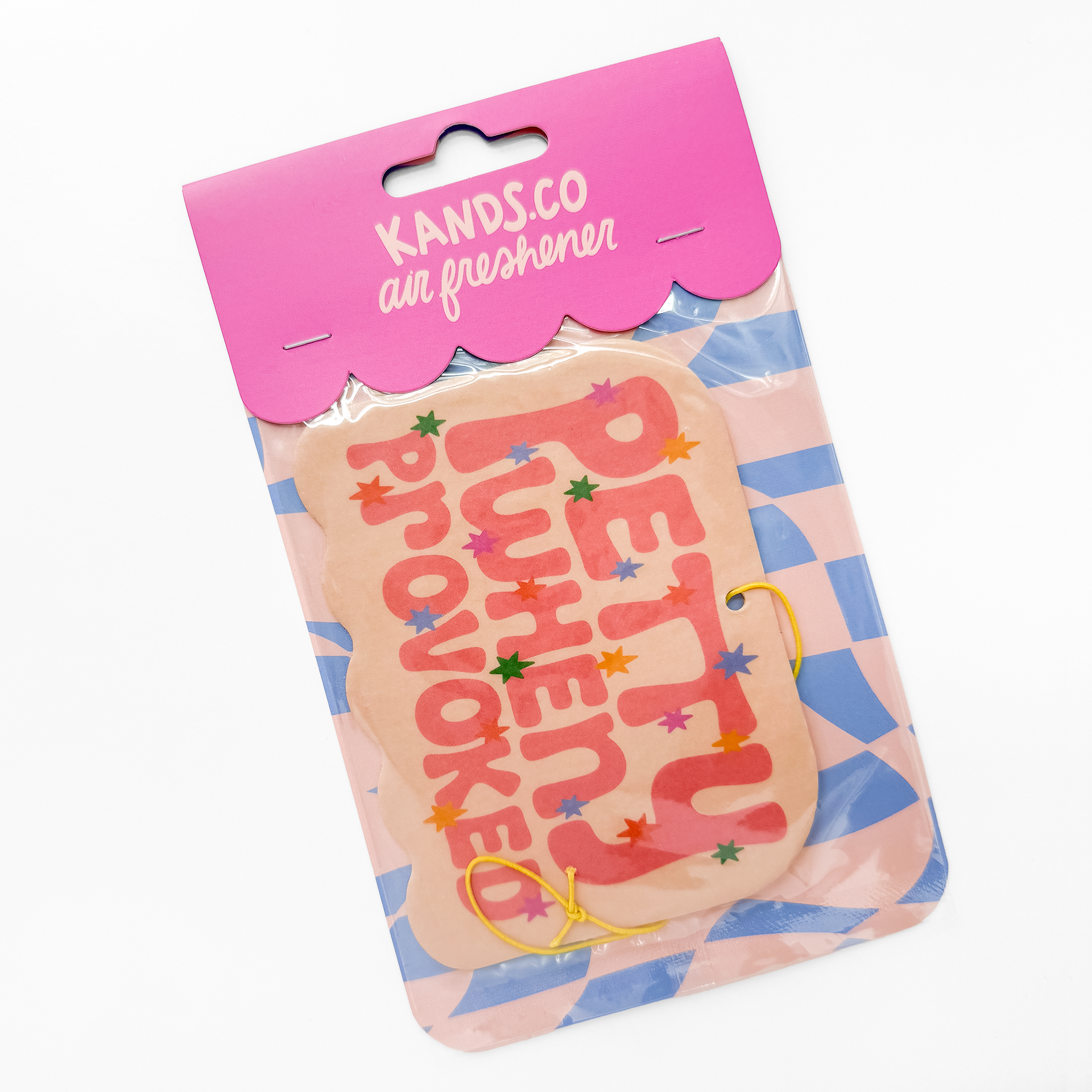 Packaged Petty When Provoked air freshener showing product in clear packaging