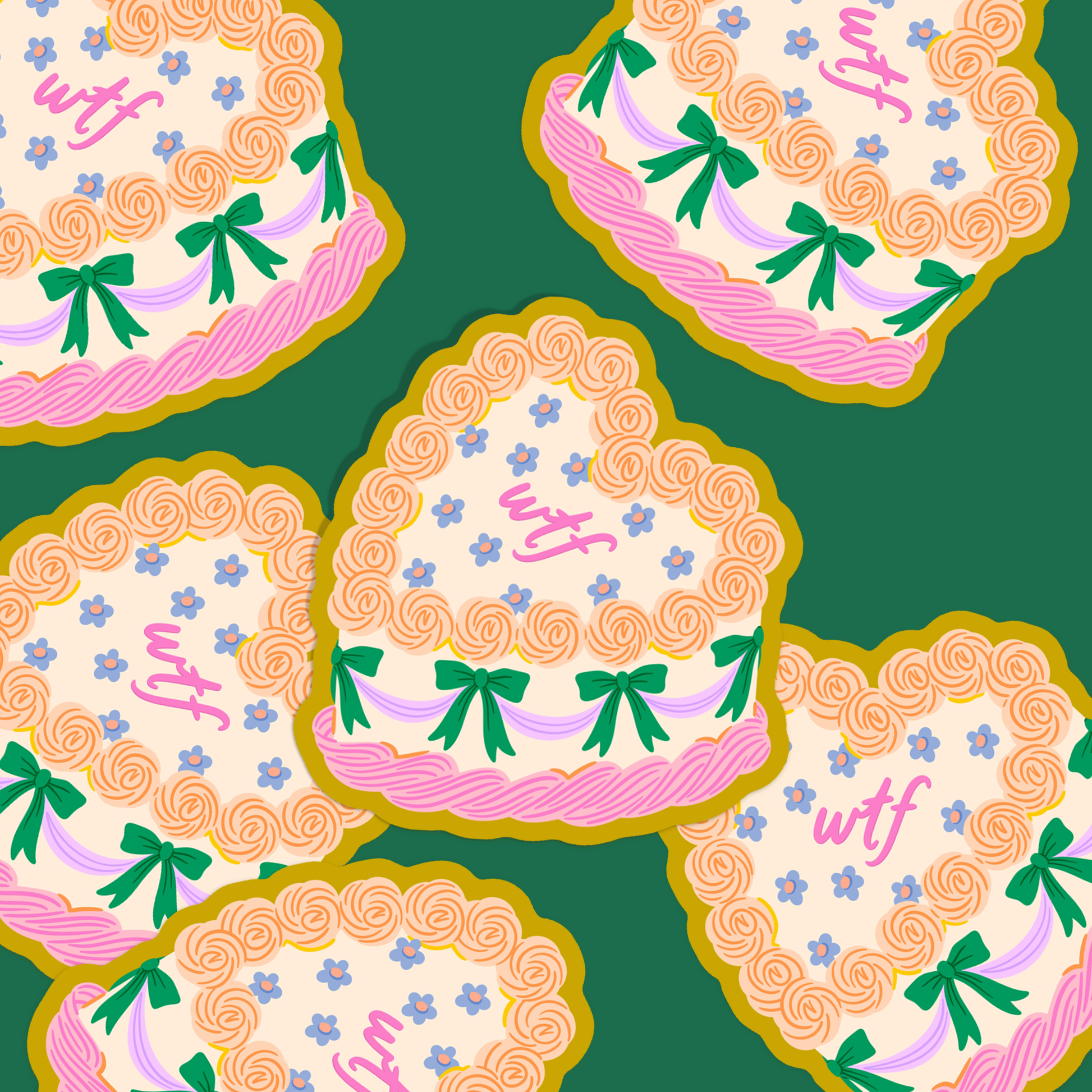 Multiple WTF cake stickers on green background