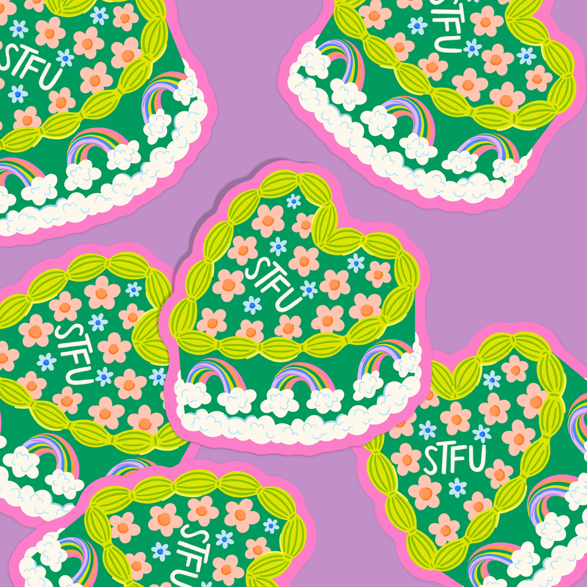 Multiple STFU cake stickers on purple background
