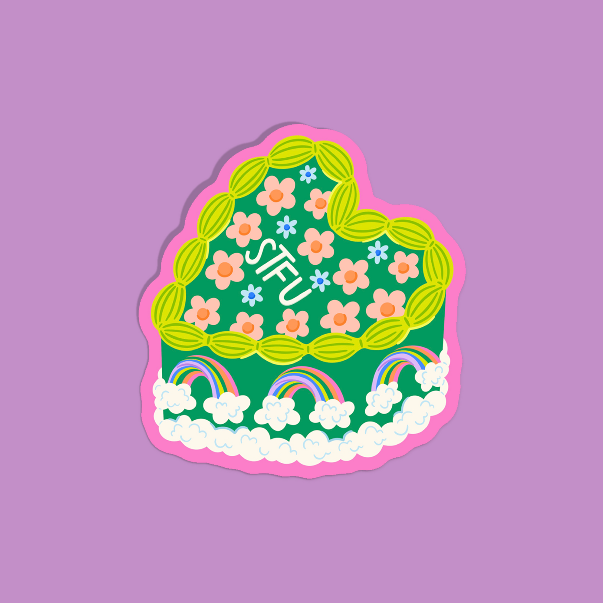Single STFU cake sticker on purple background