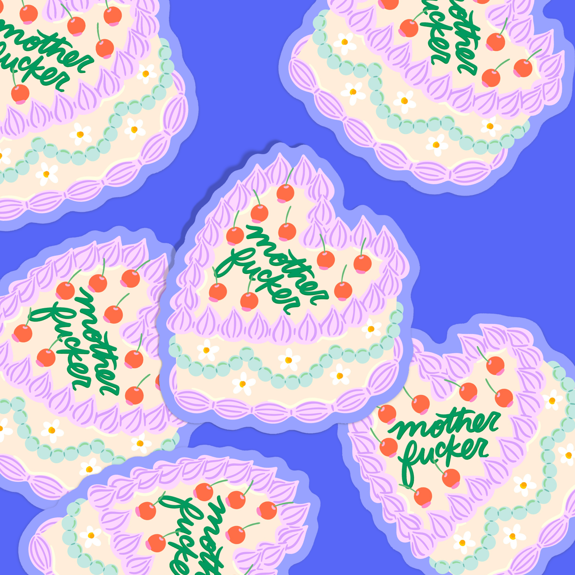 Multiple vintage cake stickers on blue background