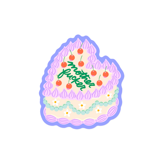 Bold vintage cake sticker with 'Mother Fucker' expletive text