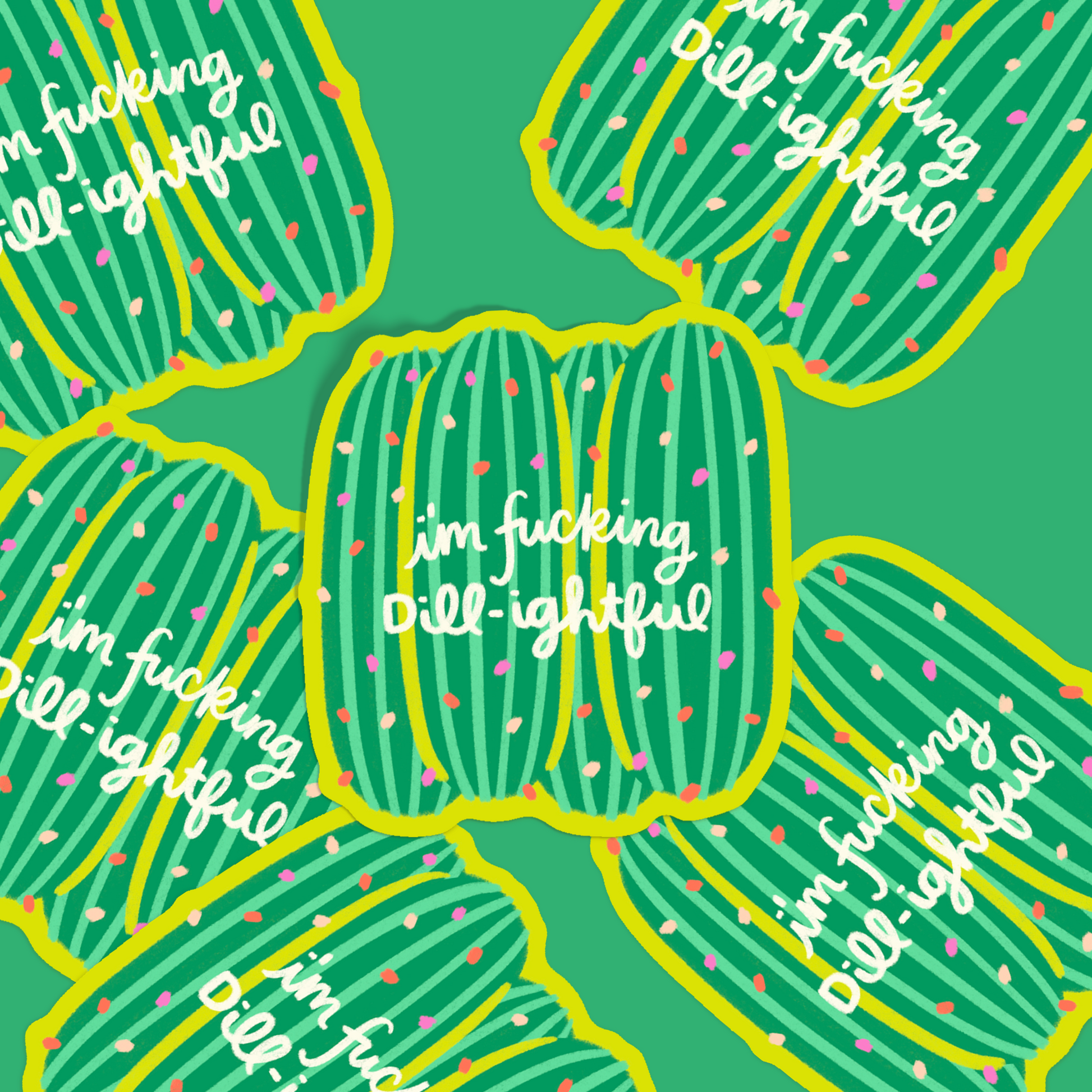 Multiple pickle stickers on green background showing design variety