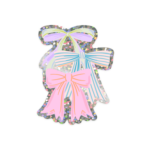 Sparkly bow sticker with glittery finish and feminine design
