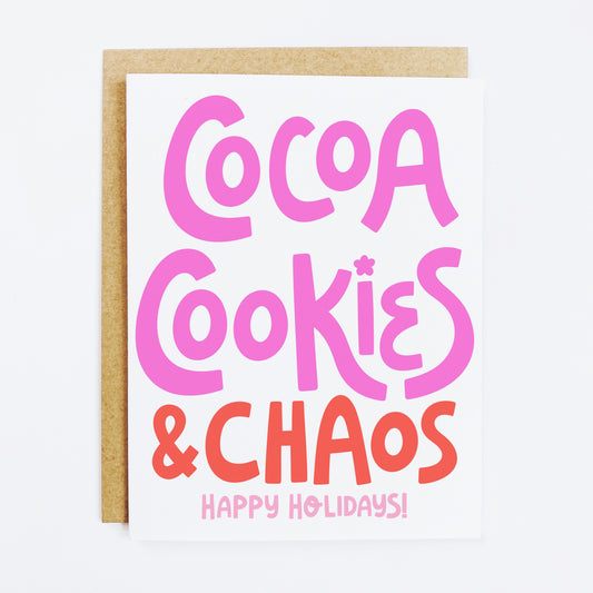 Holiday card with 'Cocoa Cookies Chaos' festive baking chaos theme