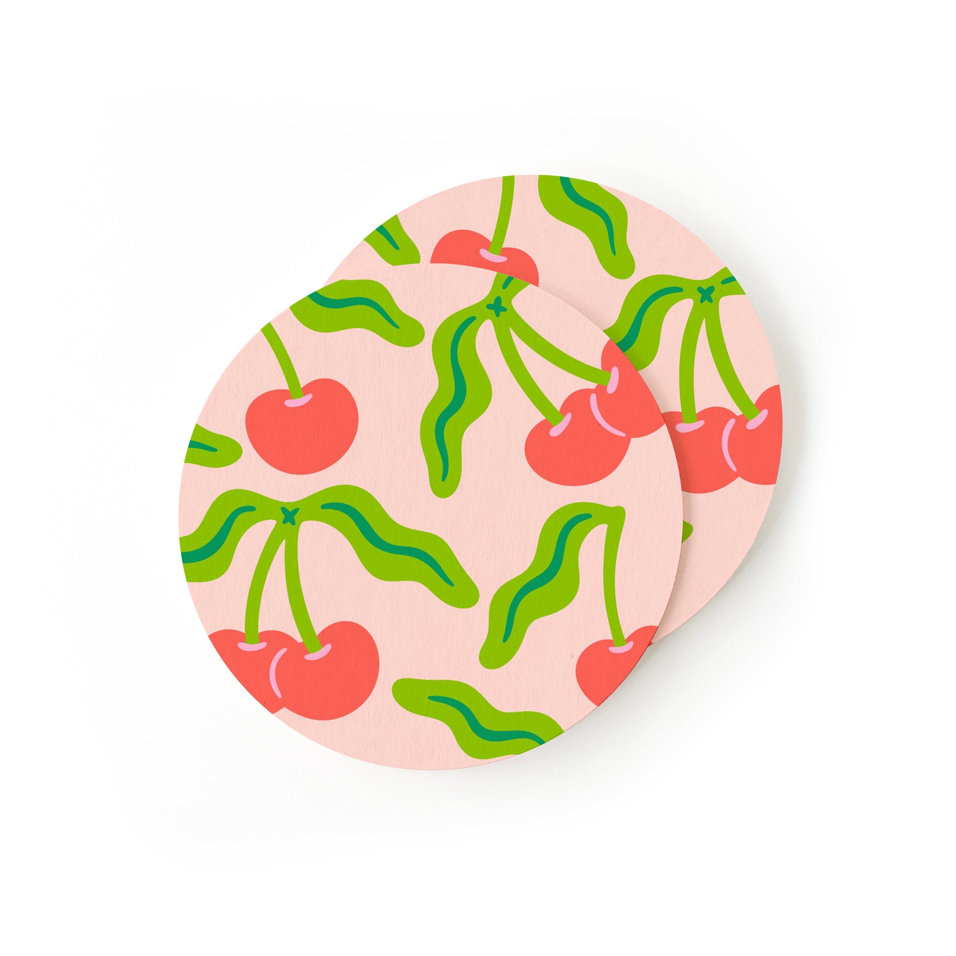 Fruit-themed coasters with cherry pattern and red accent design