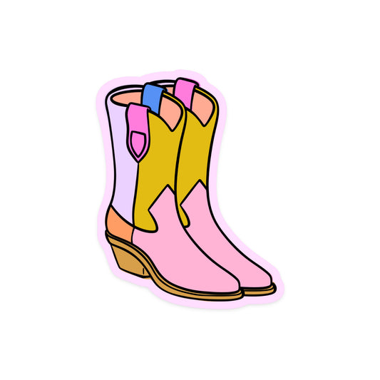 Western-style sticker with colorblock cowgirl boot design
