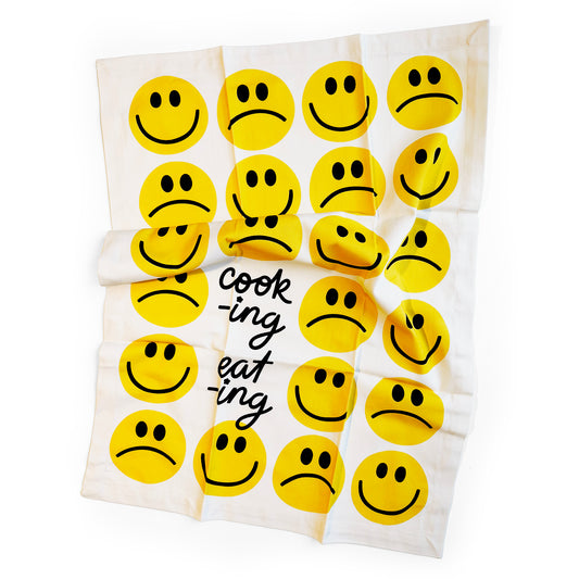 Kitchen tea towel with 'Happy Eating' food celebration message