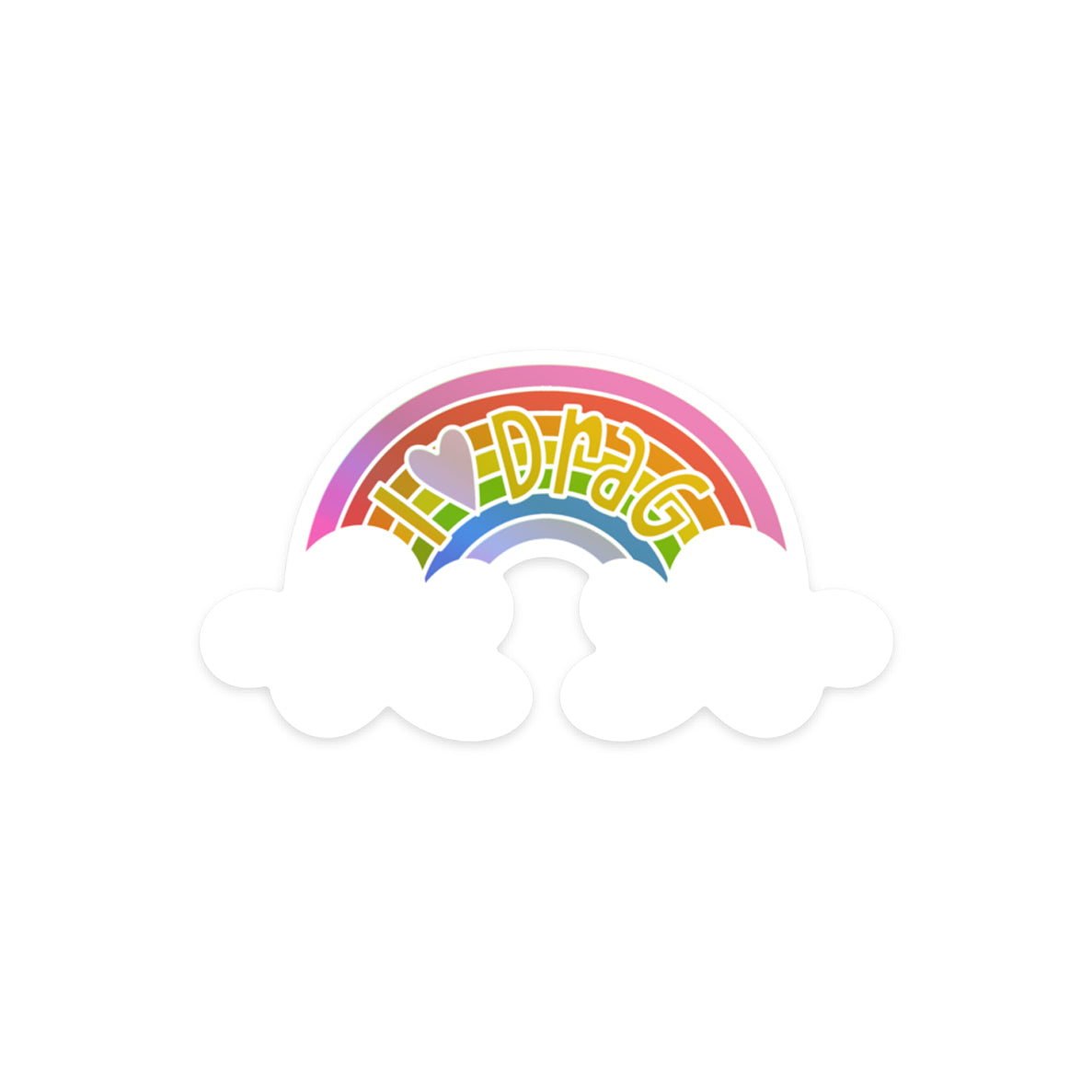 Pride sticker with 'I Heart Drag' text and rainbow colors