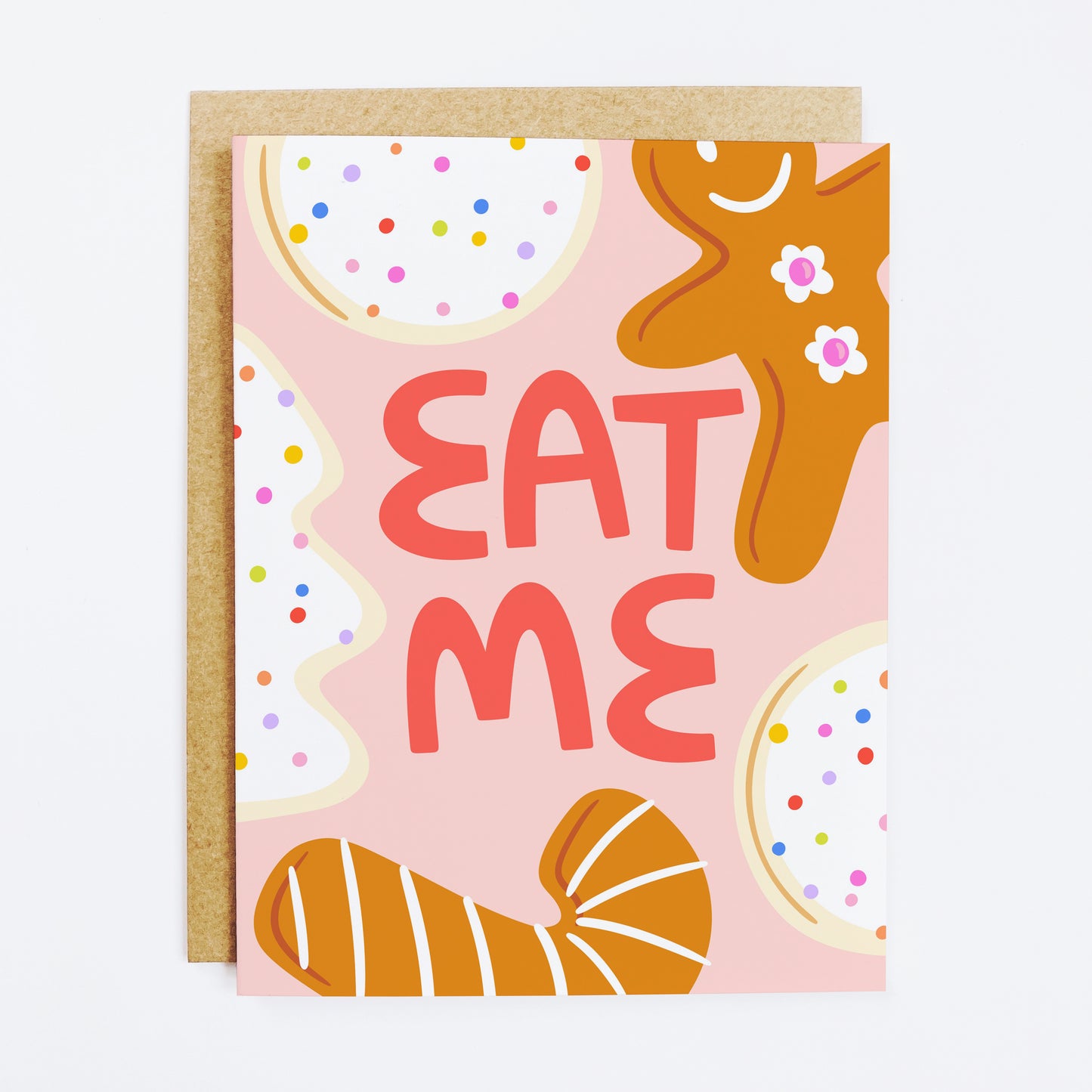 Holiday card with 'Eat Me' cookie theme and festive baking design