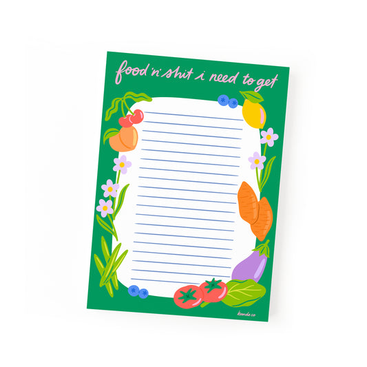 Grocery list notepad with 'Food 'n' Shit' humorous shopping theme