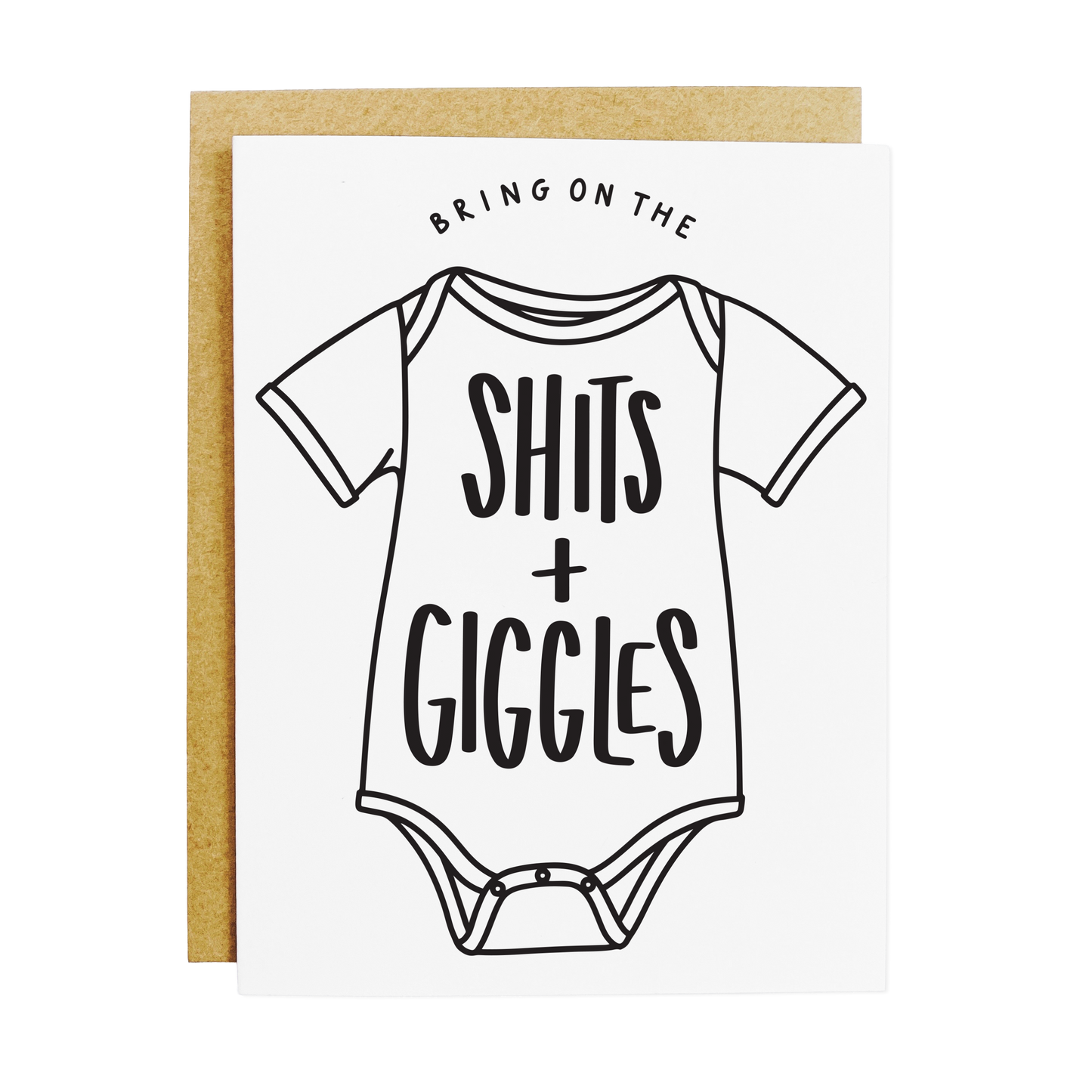 Humorous baby greeting card with playful 'Shits + Giggles' text design