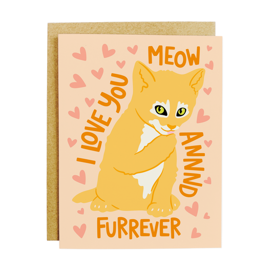 Greeting card with cute cat illustration and 'Meow + Furrever' text in playful typography