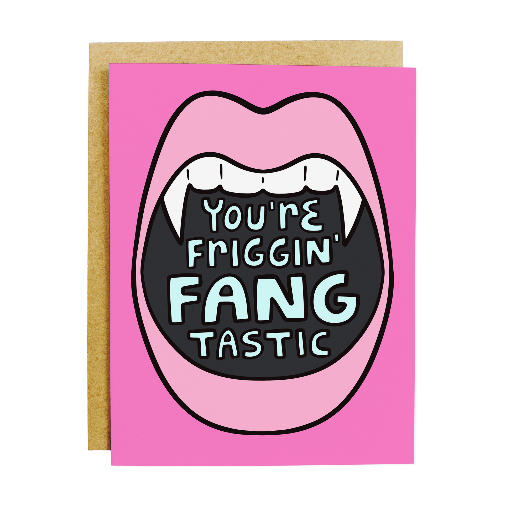 Halloween card with 'Fangtastic' vampire pun and spooky design