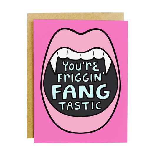 Halloween card with 'Fangtastic' vampire pun and spooky design