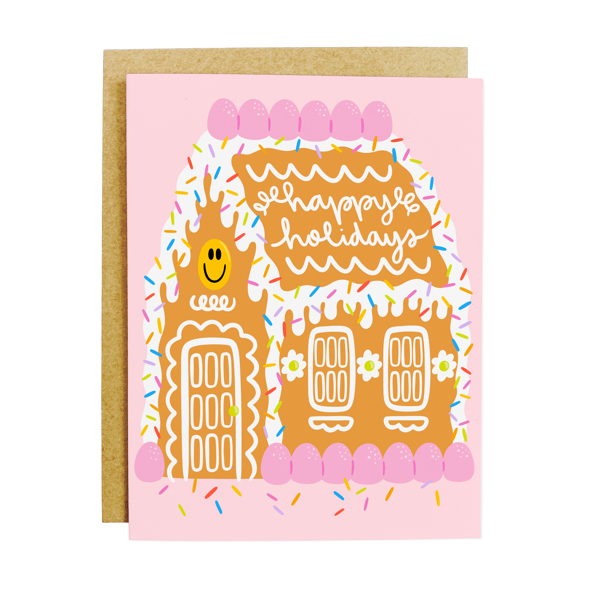 Holiday card with smiling gingerbread house character and festive design