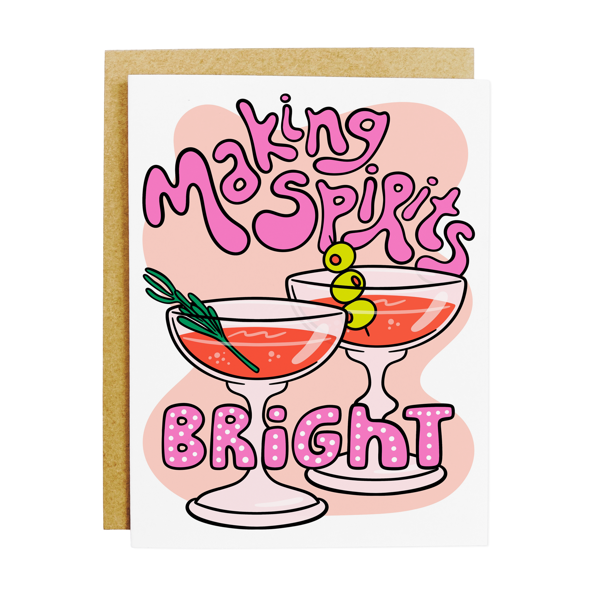 Card with cocktail illustration with garnishes and text 'Making Spirits Bright'