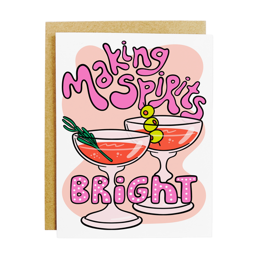 Card with cocktail illustration with garnishes and text 'Making Spirits Bright'
