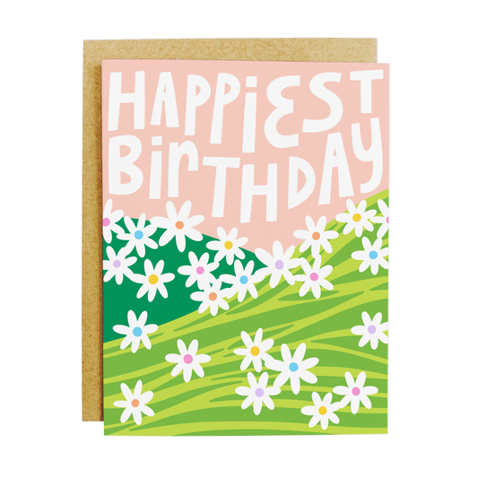 Birthday card with daisy flowers and 'Happiest Birthday' cheerful message