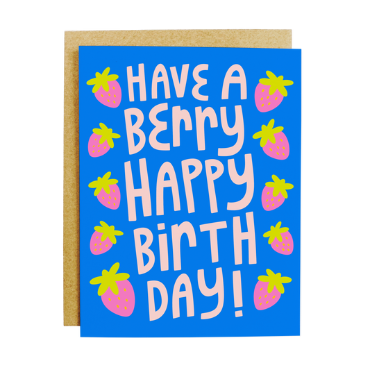 Birthday card with berry pun 'Berry Happy Birthday' and fruit illustration