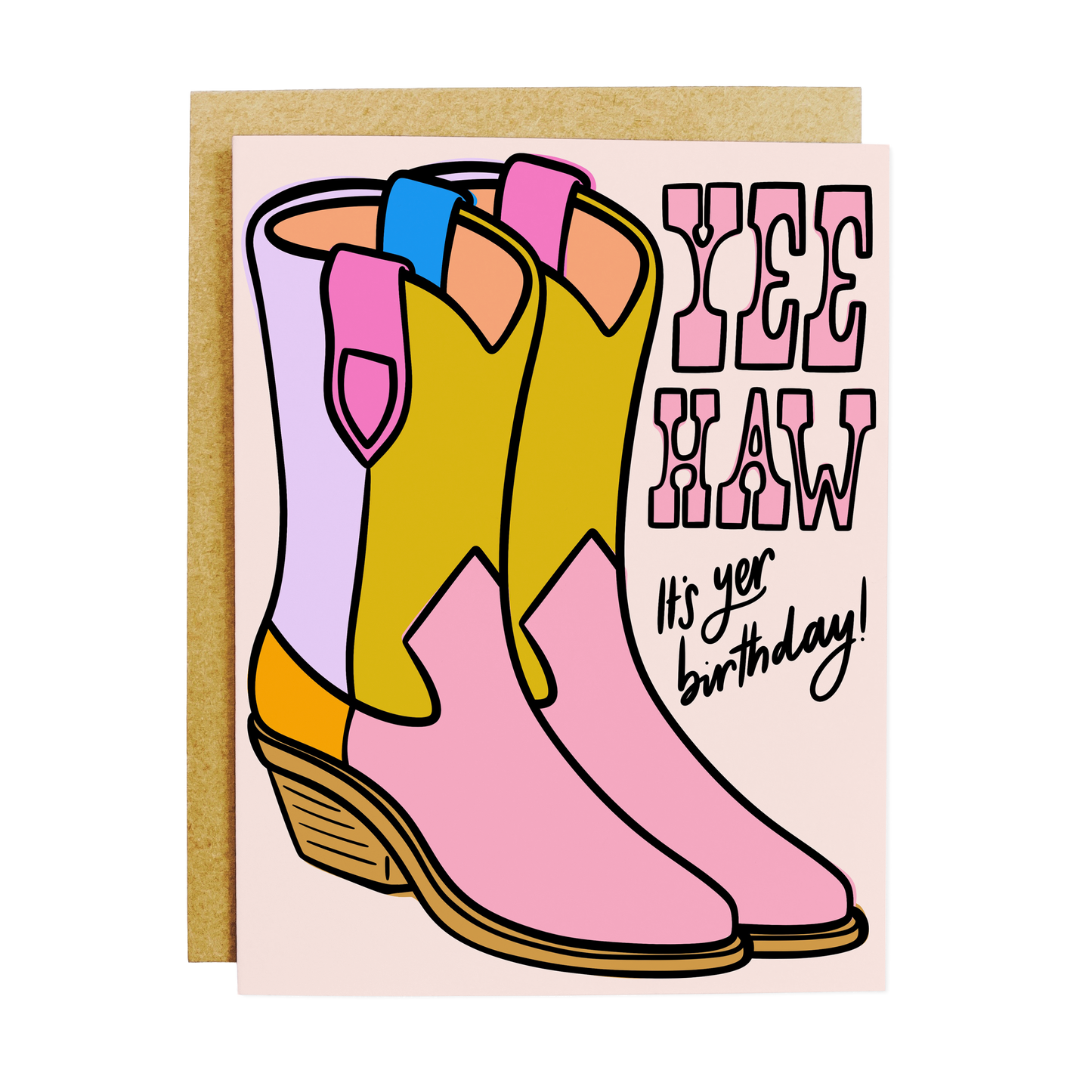 Western-themed birthday card with 'Yee Haw It's Yer Birthday' cowgirl text