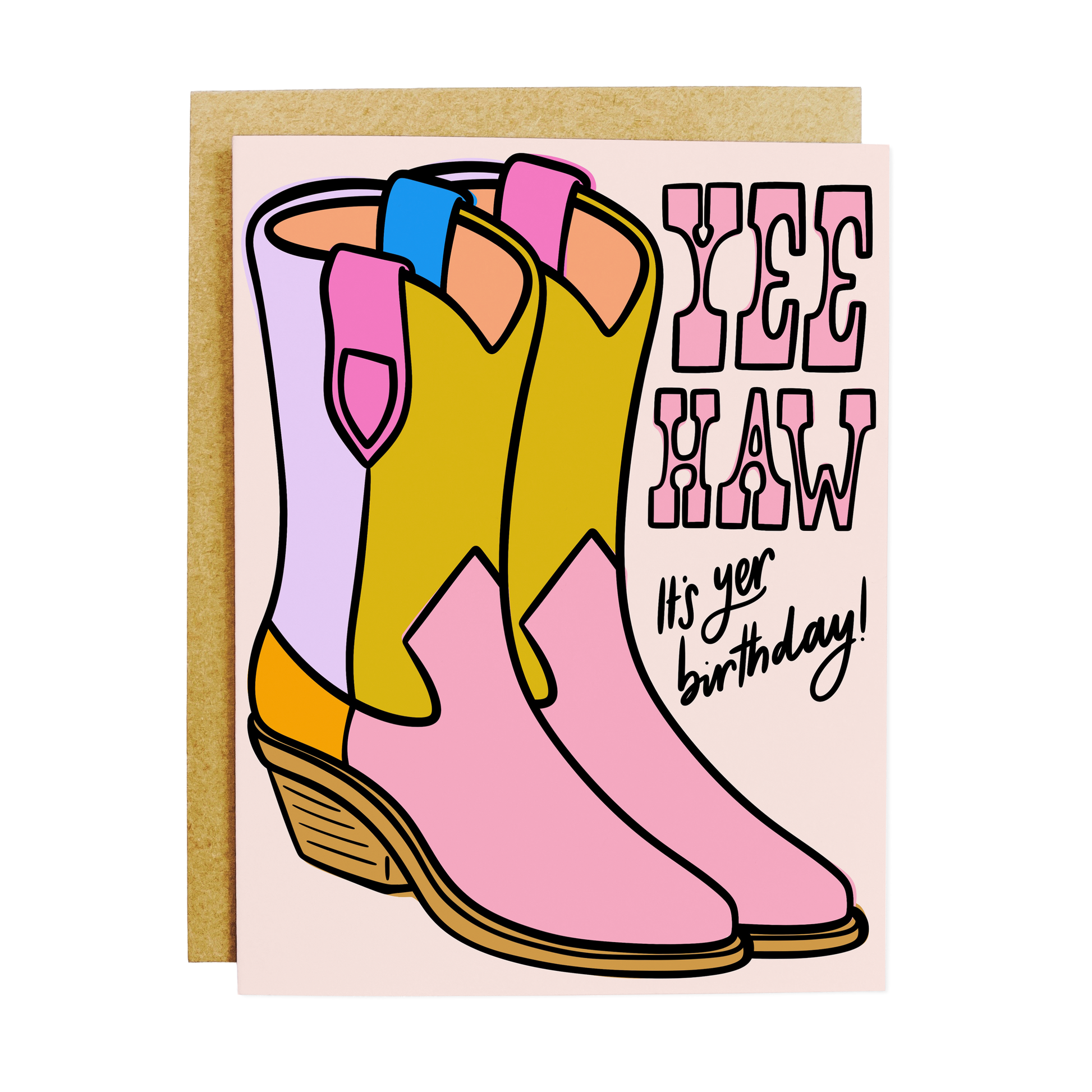Western-themed birthday card with 'Yee Haw It's Yer Birthday' cowgirl text