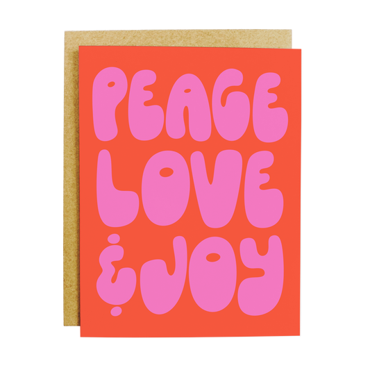 Holiday card with 'Peace Love Joy' festive seasonal message