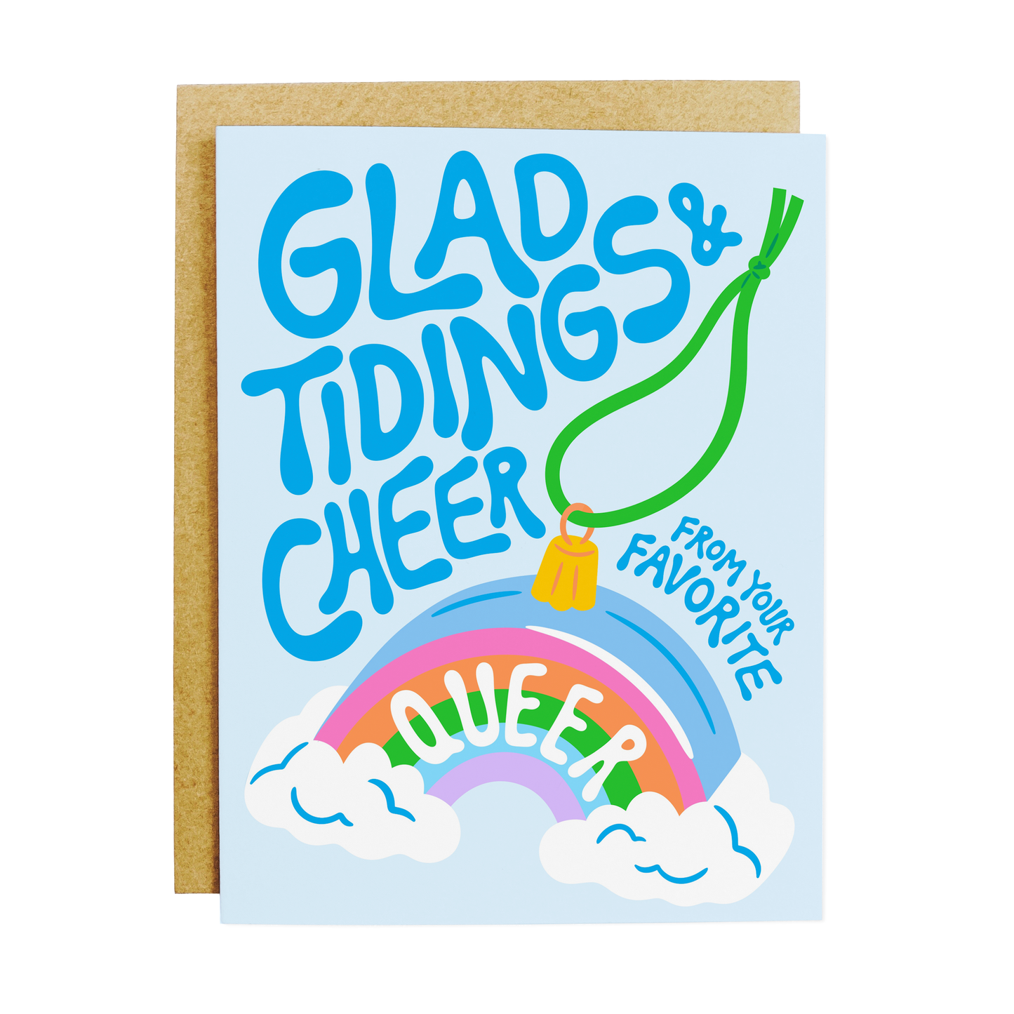 LGBTQ+ holiday card with 'Queer Cheer' pride celebration message