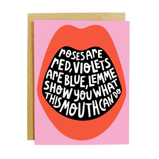 Adult humor card with 'Mouth Can Do' suggestive innuendo text