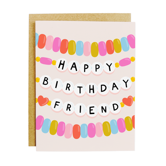 Birthday card with friendship bracelet design and nostalgic theme