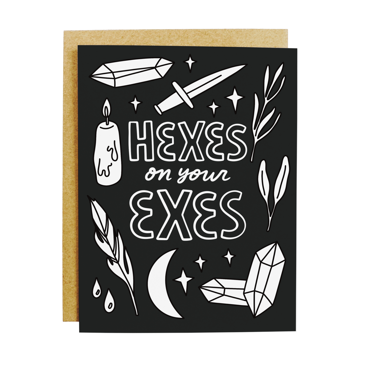 Breakup humor card with 'Hexes On Your Exes' witchy revenge theme