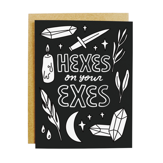 Breakup humor card with 'Hexes On Your Exes' witchy revenge theme