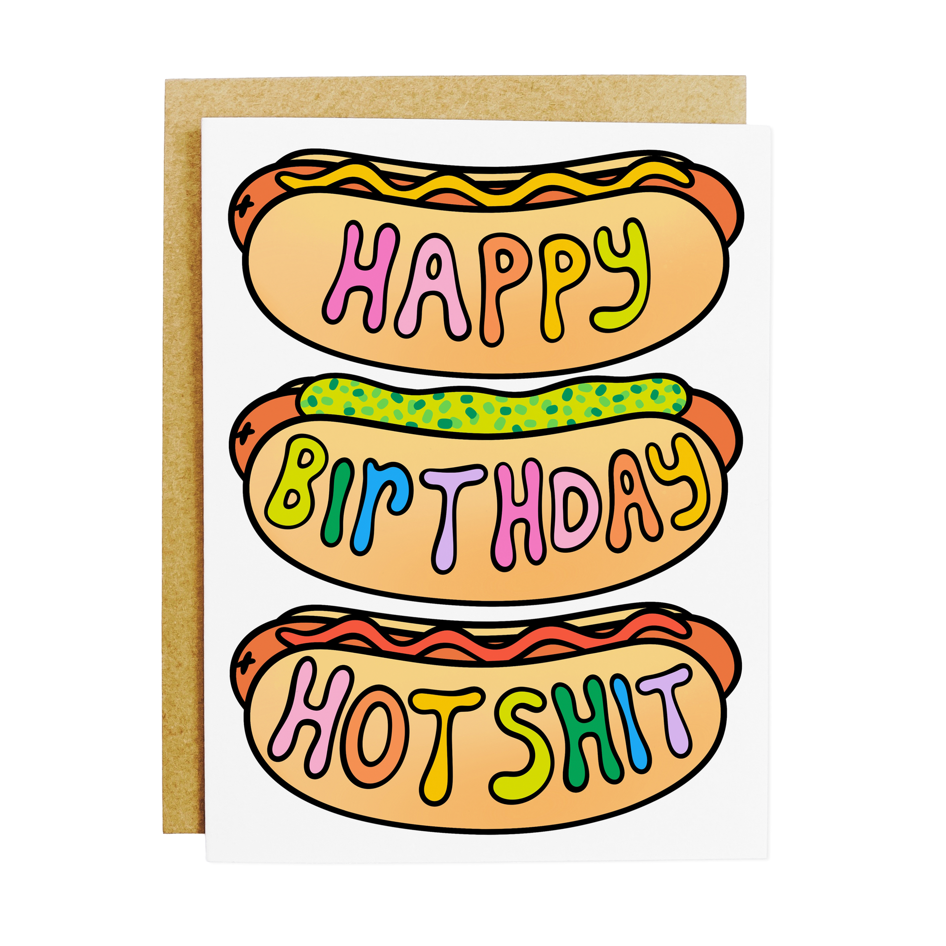 Birthday card with hot dog pun 'Hot Shit' and food humor