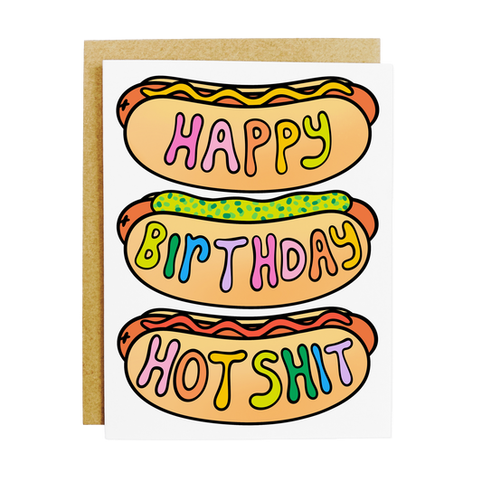 Birthday card with hot dog pun 'Hot Shit' and food humor