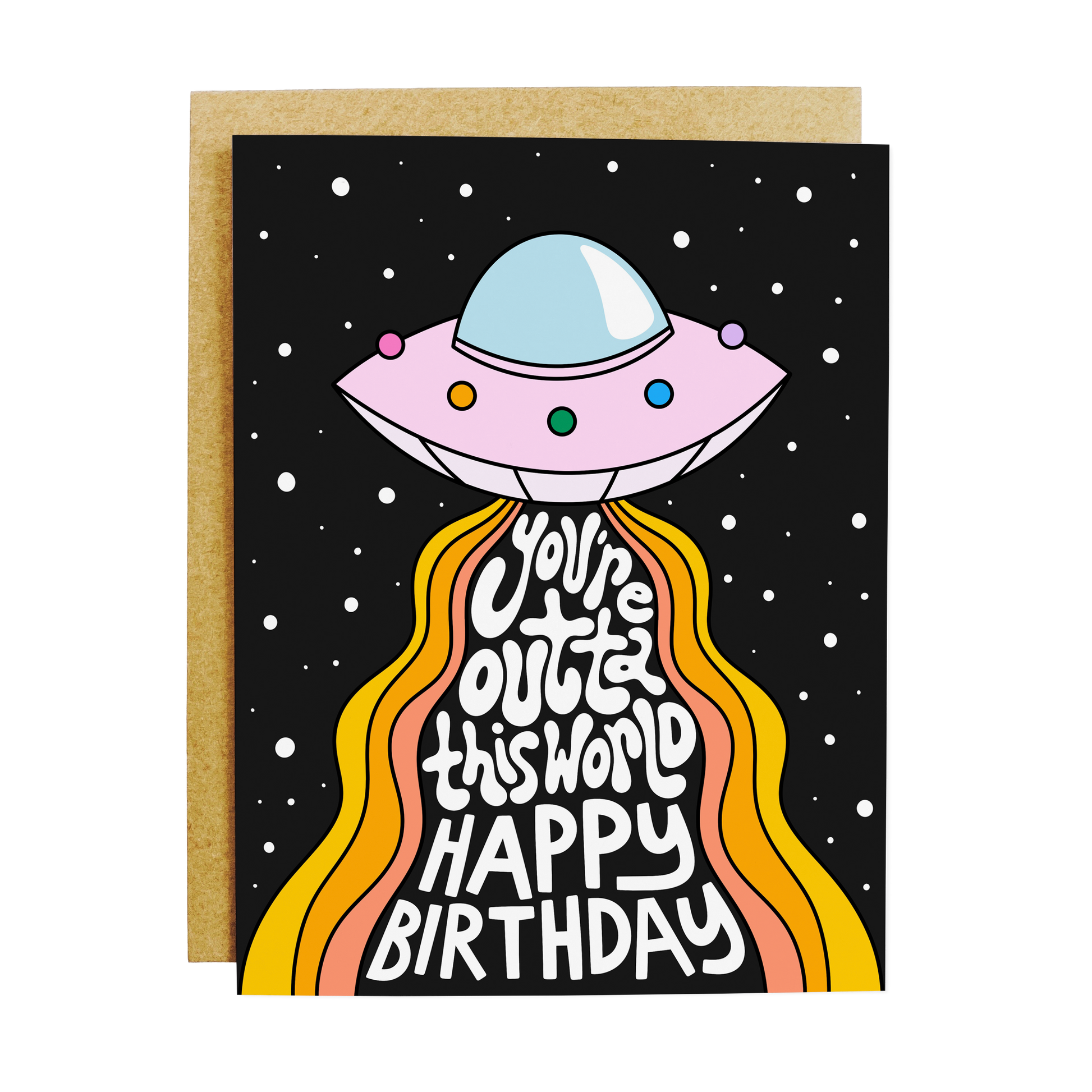 Space-themed birthday card with 'Outta This World' cosmic message