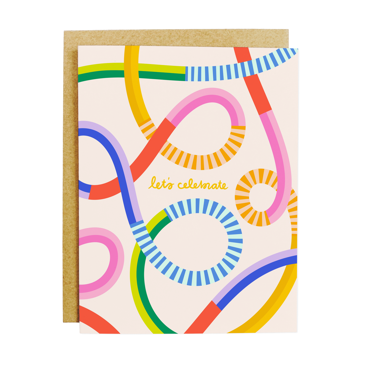 colorful squiggles card with 'Let's Celebrate' festive message
