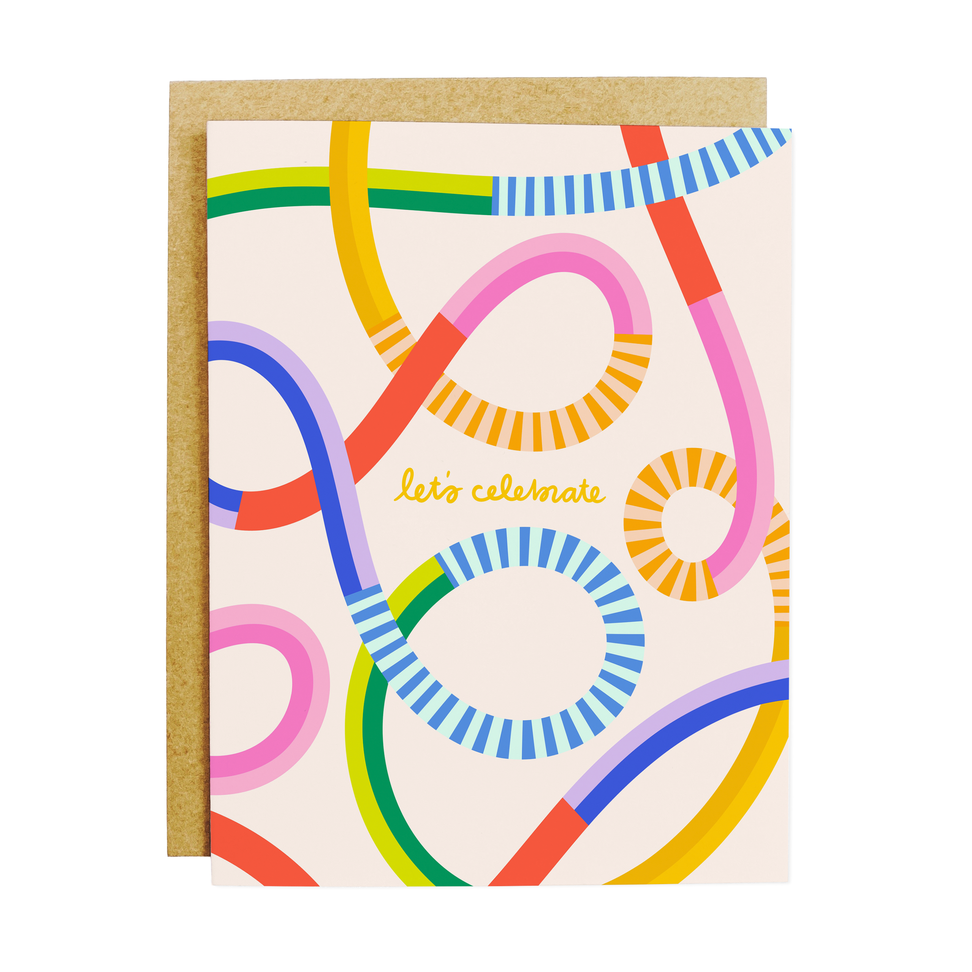 colorful squiggles card with 'Let's Celebrate' festive message