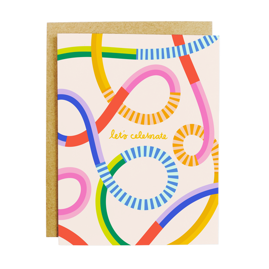 colorful squiggles card with 'Let's Celebrate' festive message
