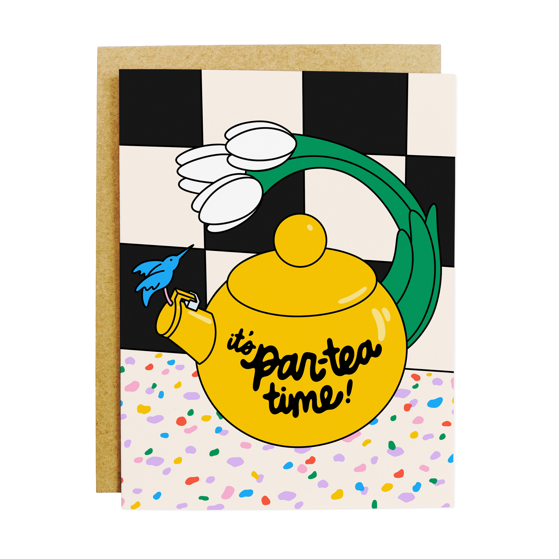 Tea pun birthday card with 'Par-tea Time' and teacup theme